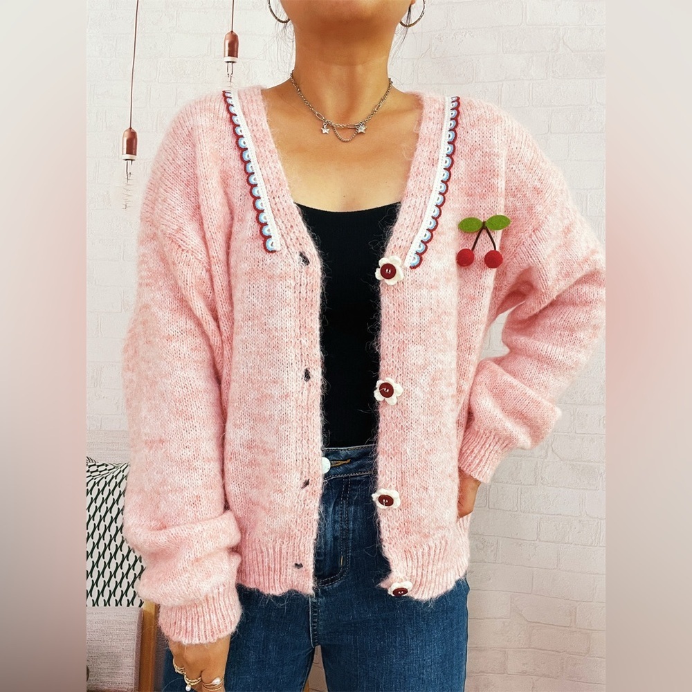 Cherry Button-Front Long Sleeve Cardigan - Picture 2 of 10